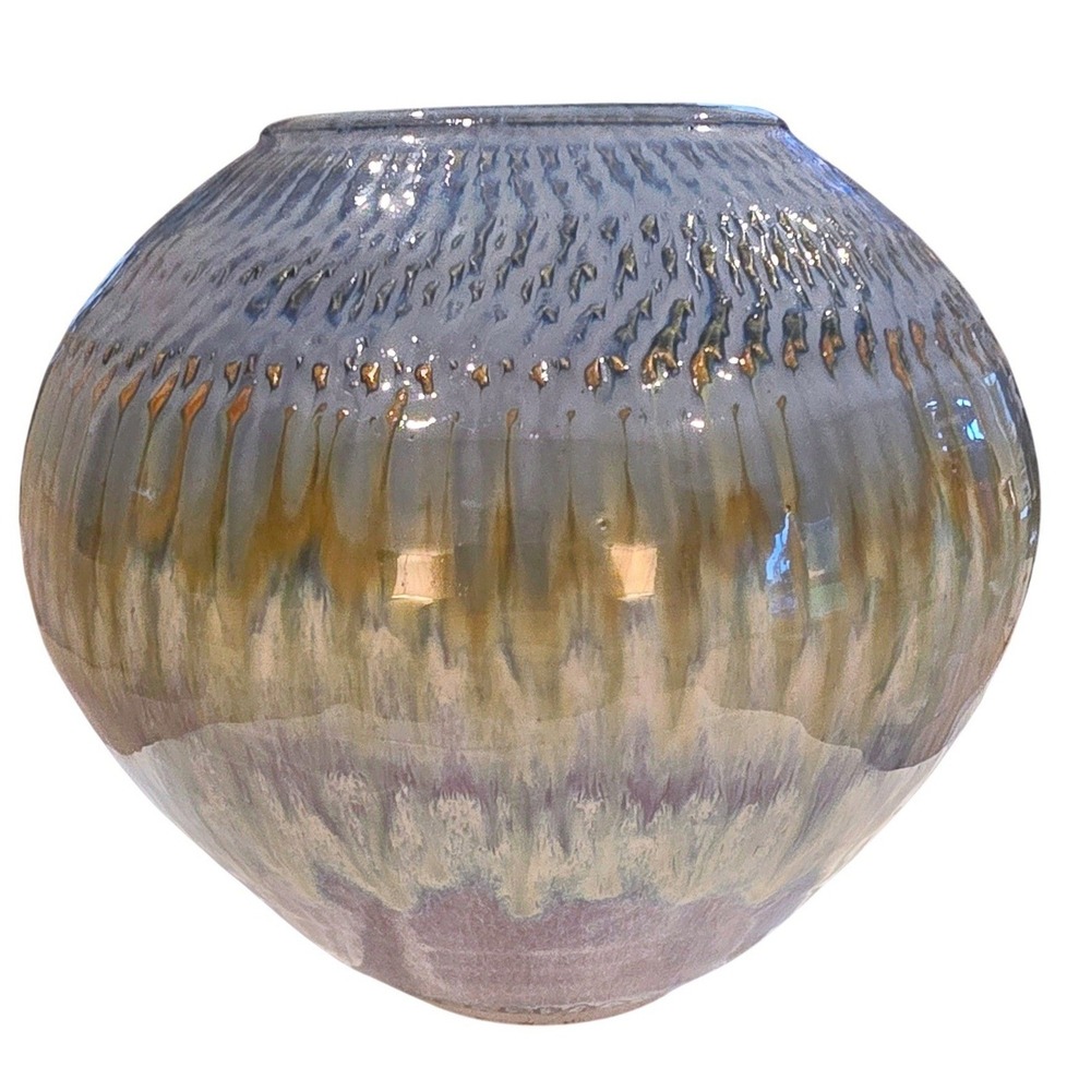 Vintage 1990s Bill Campbell Pottery Vase Signed Blue Flambe Drip Glaze Globe 9"